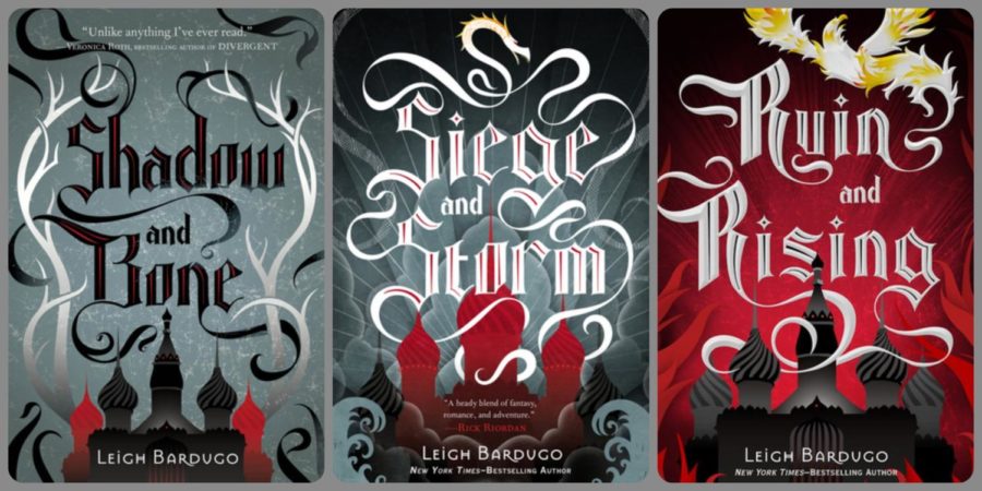 The covers of the three novels of the Grisha Trilogy by Leigh Bardugo: Shadow and Bone, Siege and Storm, and Ruin and Rising.