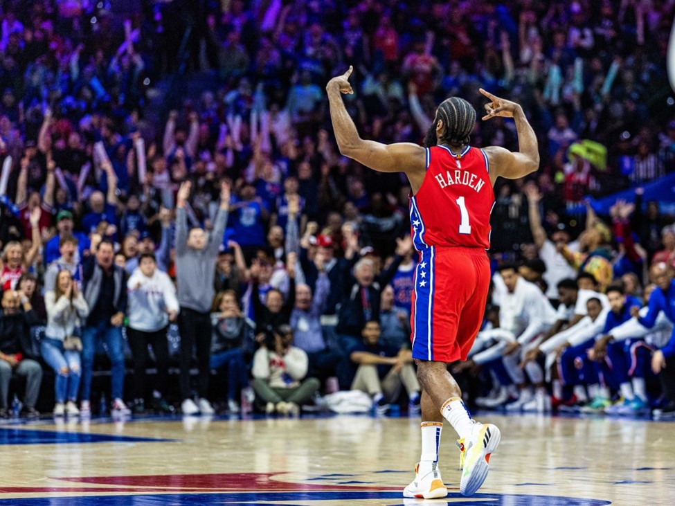 James Harden stands before a crowd of Sixers fans at the Wells Fargo Center. Although Harden helped carry the Sixers to wins in games 1 and 4 of the playoffs, the team failed to make it past the second round this year.
Photo courtesy of Bill Streicher-USA TODAY Sports.